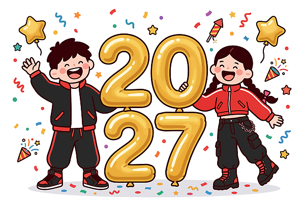기념일 별 어린이 포즈 일러스트 함께함 웃음 이벤트 장식 친구 파티 축제 기쁨 금색 축하 즐거움 풍선 2027년 동심 국내일러스트 AI파일 자연요소 감정 컬러 컨셉 관계 표정 사람 연도 파일형식 벡터