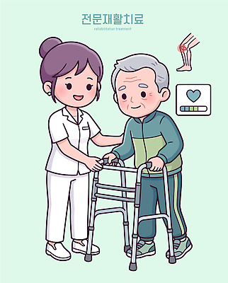 노년 일러스트 건강 안전 생활 치료 운동 간호사 도움 센터 노인복지 기능 물리치료 보행기 재활 치료사 프로그램 회복 국내일러스트 AI파일 직업 컨셉 의학 성인 의료진 복지 파일형식 벡터 사람 사회이슈