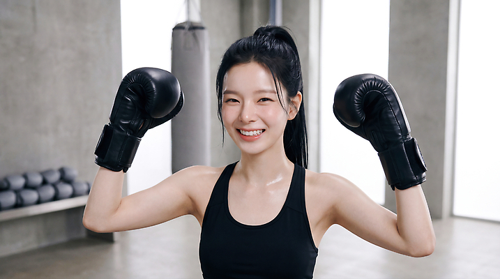 JPG 편집이미지 여자 다이어트 건강 웃음 운동 운동기구 권투 연습 체육관 스트레스해소 의료성형뷰티 편집실사 AI인물포토 AI콘텐츠 표정 사람 헬스 격투기 CG 파일형식 AI포토 스포츠