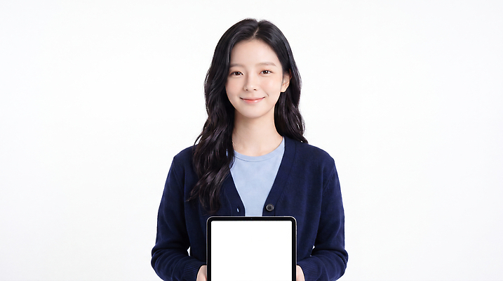 JPG 편집이미지 손 디자인 여자 실내 미소 태블릿 디지털 스크린 흰색 모던 정보기기 지지대 의료성형뷰티 편집실사 AI인물포토 AI콘텐츠 컬러 표정 사람 내부 신체부위 전자제품 스마트기기 기계 도구 CG 파일형식 AI포토