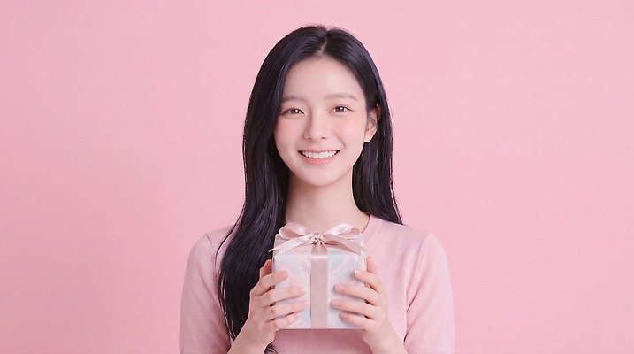 JPG 편집이미지 긴머리 손 여자 행복 분홍색 조명 표정 선물 웃음 상자 머리 기쁨 의료성형뷰티 편집실사 AI인물포토 AI콘텐츠 헤어스타일 감정 컬러 사람 신체부위 CG 파일형식 AI포토