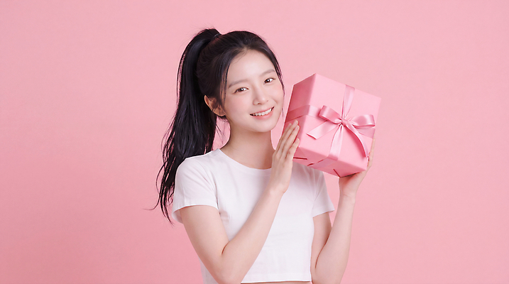 JPG 편집이미지 손 여자 기념일 행복 분홍색 포장 표정 선물 미소 이벤트 상자 파티 기쁨 축하 의료성형뷰티 편집실사 AI인물포토 AI콘텐츠 감정 컬러 컨셉 사람 신체부위 CG 파일형식 AI포토