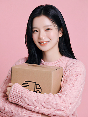 JPG 편집이미지 여자 패션 감정 분홍색 포즈 미소 쇼핑 상자 배송 택배 전달 의료성형뷰티 스타일 편집실사 AI인물포토 AI콘텐츠 컬러 표정 사람 운송업 CG 파일형식 AI포토 산업