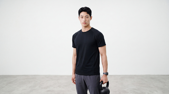JPG 편집이미지 남자 포즈 신체 건강 운동복 운동 헬스 힘 헬스장 웨이트트레이닝 연습 근력 케틀벨 의료성형뷰티 편집실사 AI인물포토 AI콘텐츠 옷 사람 CG 파일형식 AI포토