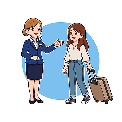 여행 일러스트 비행기 안내 대화 친구 여행가방 짐 공항 승무원 고객 서비스 출발 승객 소통 여행준비 체크인 항공사 국내일러스트 AI파일 직업 산업 컨셉 가방 관계 항공교통 교통시설 대중교통 말하기 준비 파일형식 벡터 잡화 교통수단 교통 모션 시설