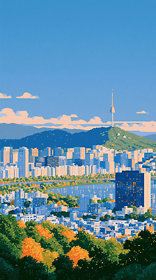 JPG 나무 여행 일러스트 자연 하늘 거리 서울 풍경 건물 파란색 강 햇빛 회색 가을 도시 높이 남산타워 국내일러스트 AI일러스트 AI콘텐츠 식물 건축물 계절 컬러 한국 빛 생태계 남산 파일형식 건축 아시아 랜드마크 나라