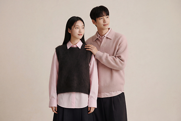 JPG 편집이미지 커플 여자 패션 남자 분홍색 데이트 스튜디오 함께함 서기 두명 캐주얼 조끼 스웨터 나란히 의료성형뷰티 편집실사 AI인물포토 AI콘텐츠 옷 컬러 컨셉 상의 관계 모션 사람 외투 CG 파일형식 AI포토