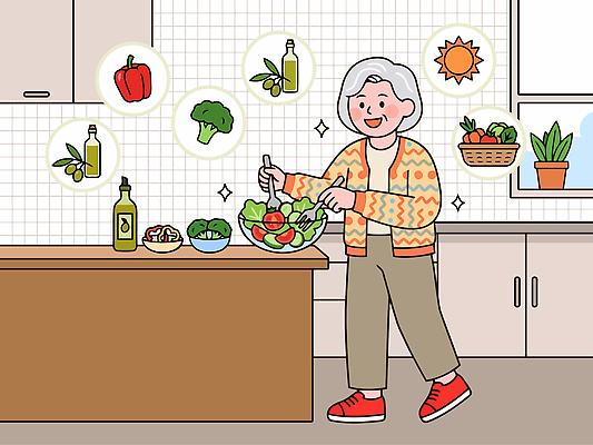 할머니 음식 채소 일러스트 식재료 가족 건강 요리 주방 식사 샐러드 신선 올리브오일 저녁 조리대 점심 손질 건강식 국내일러스트 AI파일 여자 노년 관계 기름 밤 야간 파일형식 벡터 자연요소 사람 성인
