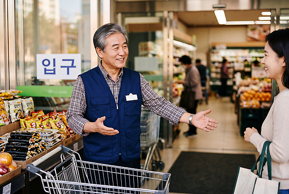 JPG 편집이미지 여자 노년 남자 음식 출입구 안내 한국 대화 쇼핑 상점 카트 상품 종업원 고객 직원 마트 의료성형뷰티 액티브시니어 편집실사 AI인물포토 AI콘텐츠 직업 아시아 말하기 사람 성인 실버라이프 CG 파일형식 AI포토 라이프스타일 나라 모션 생활
