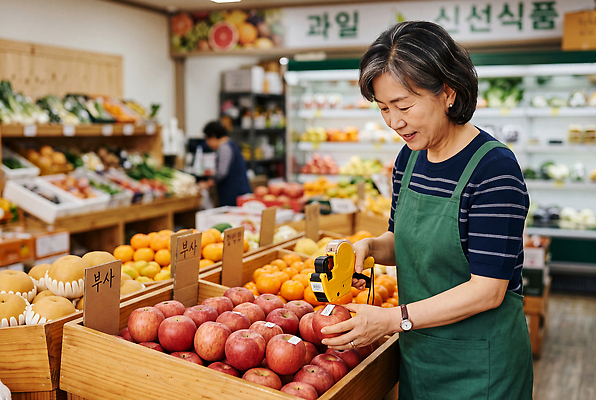 JPG 편집이미지 여자 노년 음식 채소 과일 판매 상점 사과 상인 종업원 가격표 마트 의료성형뷰티 액티브시니어 편집실사 AI인물포토 AI콘텐츠 직업 사람 성인 실버라이프 CG 파일형식 AI포토 라이프스타일 생활