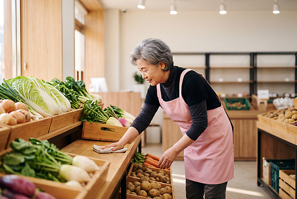 JPG 편집이미지 노년 할머니 채소 농작물 장보기 판매 앞치마 종업원 배추 정리 마트 닦기 의료성형뷰티 액티브시니어 편집실사 직업 여자 농업 모션 성인 실버라이프 상점 CG 파일형식 라이프스타일 산업 사람 생활