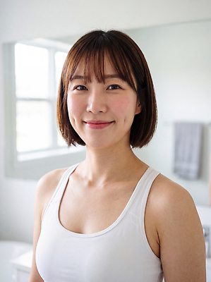 표정 사람 내부 운동 CG 파일형식 여자 거울 미소 웃음 실내 건강 편집이미지 편집실사 JPG 홈트레이닝 의료성형뷰티