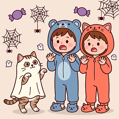 동물 옷 일러스트 사탕 웃음 장난감 고양이 할로윈 유령 거미줄 즐거움 놀기 국내일러스트 AI파일 감정 포유류 모션 디저트 표정 반려동물 파일형식 벡터 음식