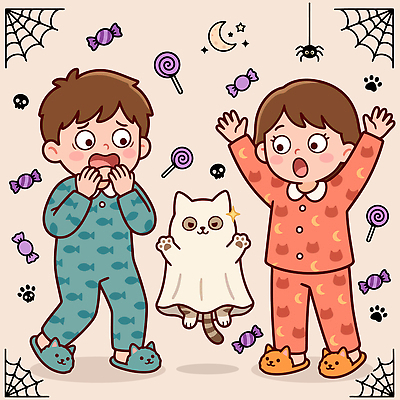 어린이 일러스트 장난 사탕 장식 친구 반려동물 고양이 놀람 할로윈 잠옷 유령 놀기 특별함 국내일러스트 AI파일 동물 옷 감정 컨셉 포유류 관계 모션 디저트 표정 사람 파일형식 벡터 음식