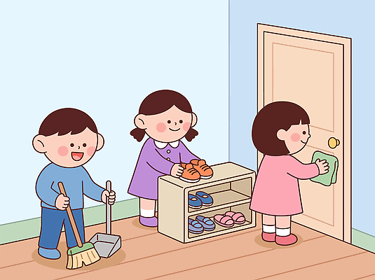 어린이 신발 일러스트 놀이 협력 바닥 손잡이 문 방 위생 정리 닦기 대청소 쓸기 국내일러스트 AI파일 모션 사람 청소 파일형식 벡터