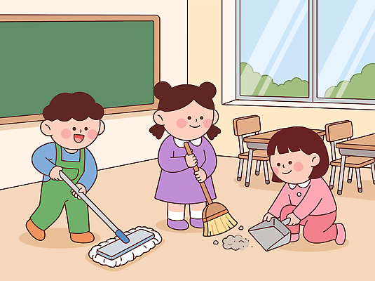 어린이 일러스트 교실 협력 바닥 친구 도움 쓰레기 빗자루 즐거움 걸레 대청소 국내일러스트 AI파일 교육 감정 컨셉 학교 관계 사람 청소도구 청소 파일형식 벡터 도구