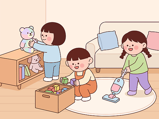 어린이 일러스트 놀이 협력 소파 장난감 블록 곰인형 즐거움 정리 청소기 대청소 국내일러스트 AI파일 감정 인형 의자 사람 전자제품 청소도구 청소 파일형식 벡터 가구 도구 생활용품 오브젝트