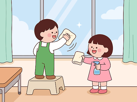 어린이 일러스트 창문 교실 놀이 협력 웃음 친구 닦기 발판 대청소 국내일러스트 AI파일 교육 학교 관계 모션 표정 사람 청소 파일형식 벡터