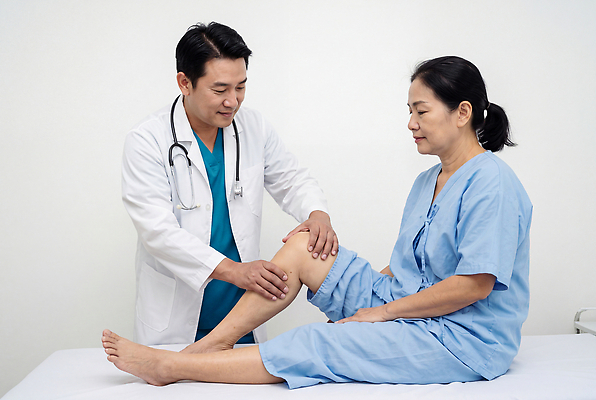 JPG 편집이미지 여자 남자 의학 건강 병원 치료 진료 환자 의사 다리 검사 무릎 의료성형뷰티 도수치료 편집실사 AI인물포토 AI콘텐츠 사람 신체부위 의료진 CG 파일형식 AI포토 직업