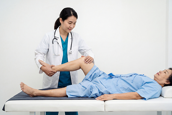 JPG 편집이미지 여자 남자 의학 건강 병원 치료 진료 환자 의사 침대 다리 검사 물리치료 의료성형뷰티 도수치료 편집실사 AI인물포토 AI콘텐츠 가구 사람 의료진 CG 파일형식 AI포토 직업 생활용품 오브젝트