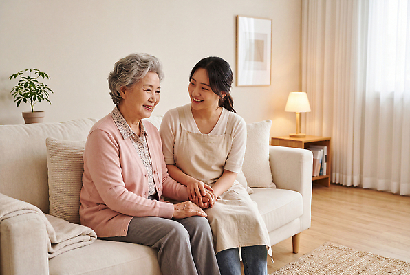 JPG 편집이미지 노년 행복 할머니 거실 함께함 따뜻함 이야기 대화 웃음 일상 소파 손잡기 만남 노인복지 요양원 노인요양 요양보호사 의료성형뷰티 편집실사 AI인물포토 AI콘텐츠 직업 여자 감정 컨셉 의자 모션 표정 말하기 성인 라이프 복지 CG 요양 파일형식 AI포토 가구 사람 생활 간호 사회이슈 생활용품 오브젝트