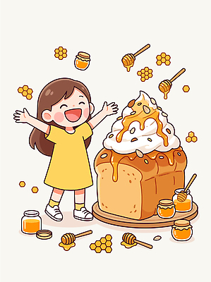 행복 빵 일러스트 디저트 요리 소녀 노란색 귀여움 맛 크림 즐거움 꿀 맛있는 국내일러스트 AI파일 여자 감정 어린이 음식 컬러 컨셉 파일형식 벡터 사람