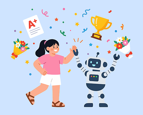 교육 행복 어린이 꽃다발 일러스트 친구 학습 기쁨 축하 우승 상패 트로피 로봇 즐거움 AI_인공지능 국내일러스트 AI파일 꽃 감정 컨셉 관계 사람 최고 상 파일형식 벡터 식물