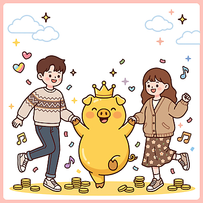행복 음악 일러스트 왕관 사람 친구 파티 손잡기 동전 축제 저축 돼지저금통 춤 돼지 즐거움 오브젝트 황금돼지 국내일러스트 AI파일 감정 돈 포유류 관계 모션 문화예술 이벤트 금융 저금통 파일형식 벡터 동물 경제 재산