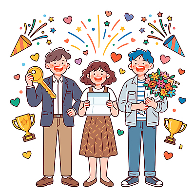 행복 꽃다발 일러스트 성공 웃음 이벤트 기쁨 축하 상 트로피 기념사진 시상식 국내일러스트 AI파일 꽃 감정 컨셉 표정 상패 파일형식 벡터 식물 우승 최고