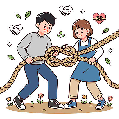여자 남자 밧줄 잎 일러스트 협력 함께함 웃음 친구 끈 즐거움 소통 국내일러스트 AI파일 식물 감정 줄 컨셉 관계 표정 사람 파일형식 벡터
