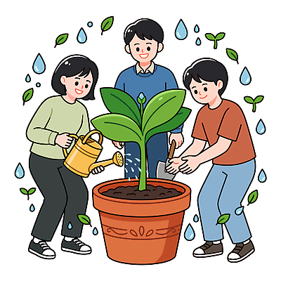 나무 식물 화분 잎 일러스트 청소년 자연 협력 사람 물 흙 물주기 기르기 상호작용 국내일러스트 AI파일 자연요소 모션 생태계 돌봄 파일형식 벡터