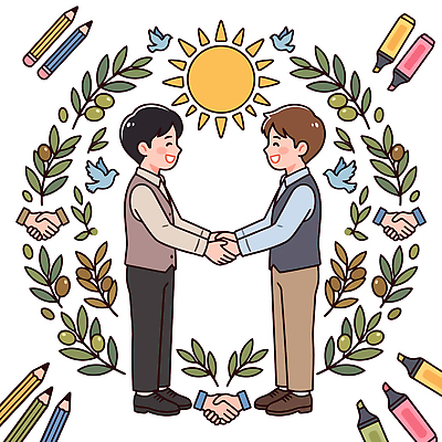 일러스트 협력 나뭇잎 웃음 태양 연필 손잡기 우정 기쁨 만남 약속 소통 국내일러스트 AI파일 자연요소 감정 컨셉 잎 모션 학용품 표정 친구 필기구 파일형식 벡터 식물 관계 문구용품 오브젝트