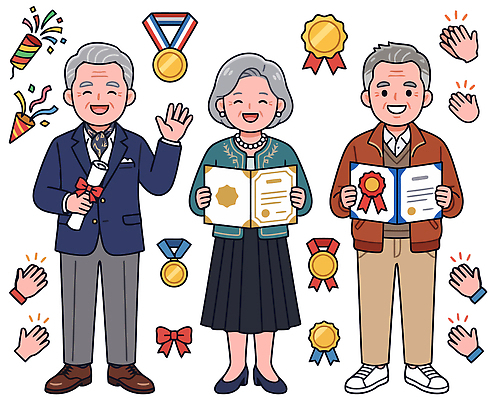 기념일 노년 일러스트 성공 웃음 이벤트 기쁨 축하 결과 졸업장 상 메달 자랑 훈장 국내일러스트 AI파일 감정 컨셉 졸업 표정 성인 상패 파일형식 벡터 교육 사람 우승 최고