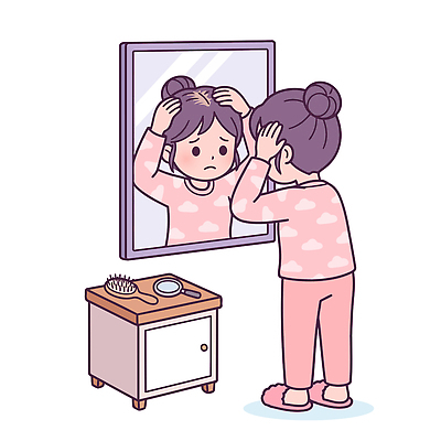 여자 분홍색 일러스트 표정 한명 뷰티 머리카락 머리 거울 불안 손질 두피 두피관리 두피케어 두피검사 국내일러스트 AI파일 1 감정 컬러 사람 신체부위 검사 헤어관리 파일형식 벡터