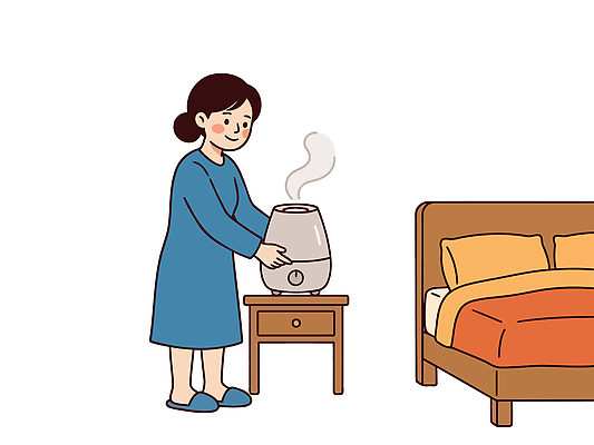 여자 일러스트 실내 건강 관리 일상 생활 건강관리 환경 기계 방 가전제품 침대 편안함 수분 온도 가습기 습도 환기 국내일러스트 AI파일 가구 사람 내부 라이프 감각 파일형식 벡터 생활용품 오브젝트