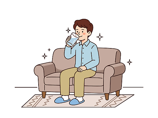 남자 일러스트 건강 앉기 일상 생활 컵 물 소파 건강관리 방 마시기 편안함 국내일러스트 AI파일 자연요소 식기 의자 모션 관리 사람 라이프 감각 파일형식 벡터 가구 생활용품 오브젝트