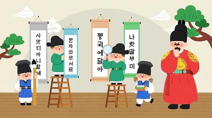 나무 전통 교육 종이 문화 어린이 일러스트 놀이 한국 한글 일상 기록 작업 조선시대 확인 그림 문서 발판 한글날 세종대왕 국내일러스트 AI파일 식물 문자 아시아 사람 라이프 공휴일 역사 왕 국경일 파일형식 벡터 기념일 나라 생활 이벤트