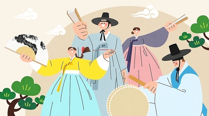 나무 전통 옷 문화 예술 악기 음악 연주 일러스트 한국 사람 여러명 축제 공연 부채 한복 전통공연 북 판소리 국내일러스트 AI파일 식물 한국전통 아시아 다수 문화예술 타악기 이벤트 전통의상 파일형식 벡터 나라