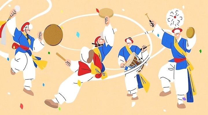 전통 옷 전통문화 문화 예술 음악 연주 일러스트 타악기 한국 여러명 축제 공연 춤 한복 사물놀이 전통공연 장구 민속 소고 징 꽹과리 리듬 국내일러스트 AI파일 한국전통 아시아 악기 다수 문화예술 국악기 사람 이벤트 전통놀이 전통의상 파일형식 벡터 나라 놀이 국악