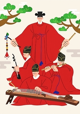 나무 전통 옷 여자 남자 문화 예술 악기 음악 연주 일러스트 한국 국악 사람 여러명 공연 무대 한복 전통공연 해금 거문고 대금 아쟁 국내일러스트 AI파일 식물 한국전통 아시아 다수 현악기 문화예술 국악기 이벤트 전통의상 목관악기 파일형식 벡터 나라 관악기