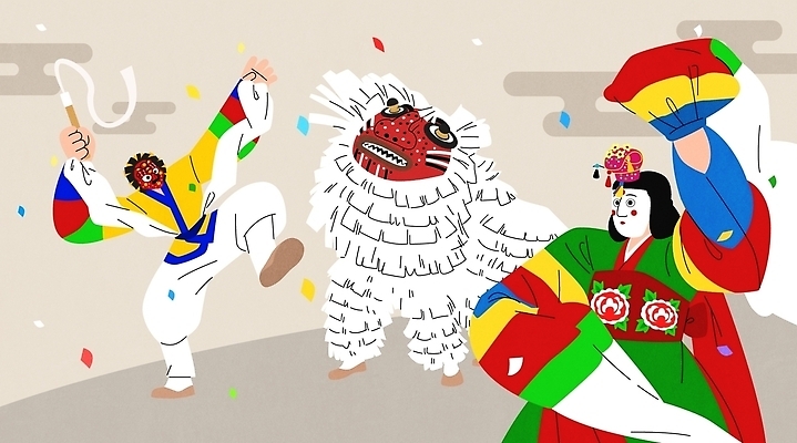 전통 옷 문화 음악 일러스트 놀이 여러명 장식 축제 춤 한복 전통공연 사자탈 사자탈춤 한삼 국내일러스트 AI파일 한국전통 다수 문화예술 사람 공연 전통의상 탈 파일형식 벡터 한국 가면 이벤트 아시아 나라