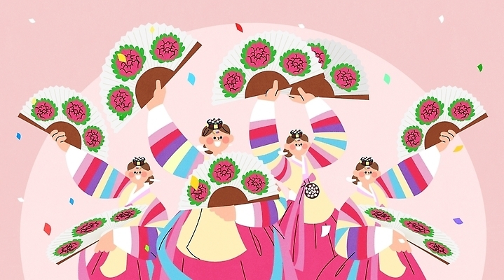전통 손 옷 여자 문화 예술 음악 포즈 일러스트 한국 여러명 축제 공연 무대 춤 부채 전통의상 한복 전통공연 부채춤 국내일러스트 AI파일 한국전통 아시아 다수 문화예술 사람 이벤트 신체부위 전통무용 파일형식 벡터 나라