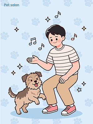 동물 행복 반려견 일러스트 털 사랑 사람 손짓 반려동물 귀여움 기쁨 춤 개 애견미용 국내일러스트 AI파일 감정 컨셉 포유류 모션 문화예술 뷰티 파일형식 벡터