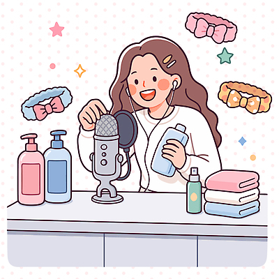 여자 일러스트 뷰티 화장품 머리띠 마이크 즐거움 준비 방송 스킨케어 리뷰 콘텐츠 국내일러스트 AI파일 감정 음향기기 장신구 사람 화장용품 파일형식 벡터 전자제품 미용용품 오브젝트