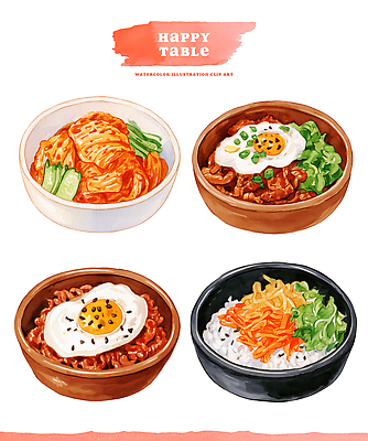 PSD 그릇 접시 한식 채소 일러스트 탁자 김치 수채화 한국 계란 식사 전통음식 맛 비빔밥 불고기덮밥 엘리먼트 국내일러스트 전통 식기 아시아 음식 가구 컨셉 알 덮밥 파일형식 나라 생활용품 오브젝트