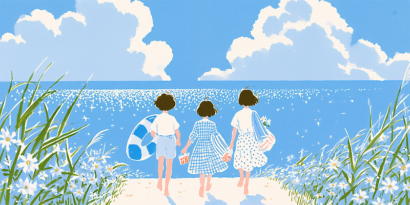 JPG 수영복 꽃 어린이 바다 일러스트 자연 하늘 바람 해변 물 여름 친구 걷기 산책 즐거움 국내일러스트 AI일러스트 AI콘텐츠 자연요소 식물 옷 계절 감정 관계 모션 날씨 휴식 사람 생태계 파일형식 컨셉