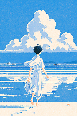 JPG 남자 물결 모래 바다 일러스트 자연 하늘 휴가 풍경 해변 일상 여름 반짝임 걷기 산책 배 국내일러스트 AI일러스트 AI콘텐츠 계절 모션 휴식 사람 라이프 생태계 파일형식 컨셉 생활