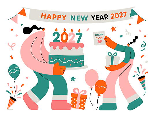 기념일 감정 일러스트 새해 기념 선물 사람 이벤트 장식 파티 케이크 축제 모임 축하 즐거움 감사 해피뉴이어 풍선 2027년 국내일러스트 AI파일 컨셉 디저트 새해인사 연도 파일형식 벡터 음식 인사 예절