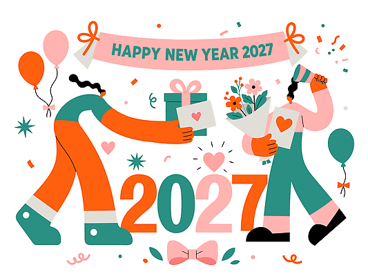 기념일 꽃 행복 리본 일러스트 새해 선물 사랑 사람 이벤트 장식 파티 축제 기쁨 축하 해피뉴이어 풍선 2027년 국내일러스트 AI파일 식물 감정 컨셉 새해인사 연도 파일형식 벡터 인사 예절
