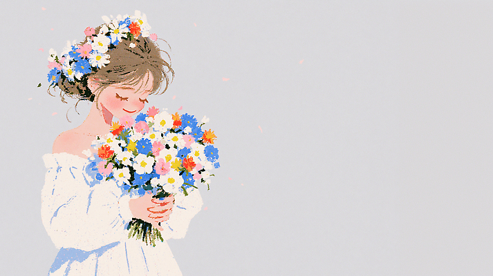 JPG 헤어스타일 계절 여자 꽃 행복 꽃다발 일러스트 자연 사랑 미소 장식 화관 기쁨 축하 감성 국내일러스트 AI일러스트 AI콘텐츠 식물 감정 컨셉 표정 사람 생태계 파일형식